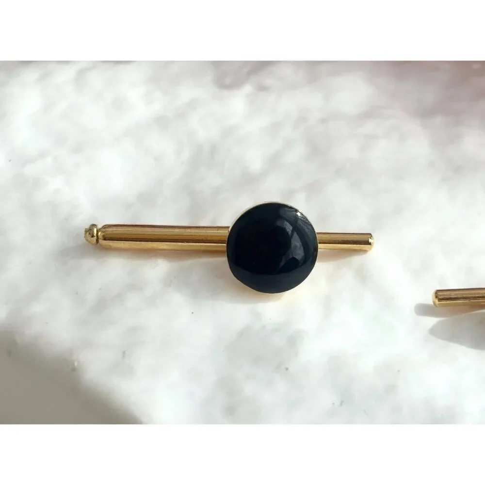 Faux Black Onyx Minimalist Stone Silver Toned Vintage Men's Cuff Links